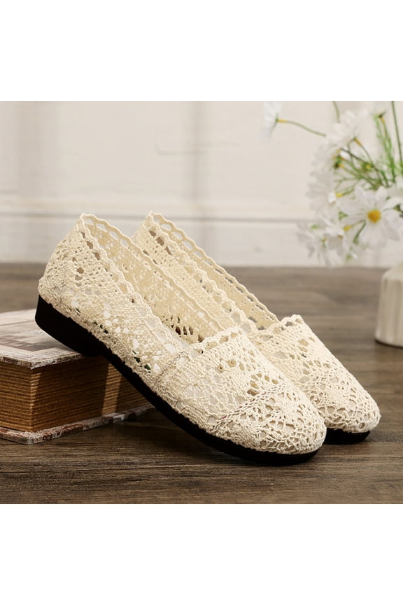 Women's Knit Crochet Shoes Fashion Round Toe Sneakers Low Top Lace Mesh Loafers Non Slip Lightweight Breathable Comfortable Slip On Summer Walking Athletic Shoes