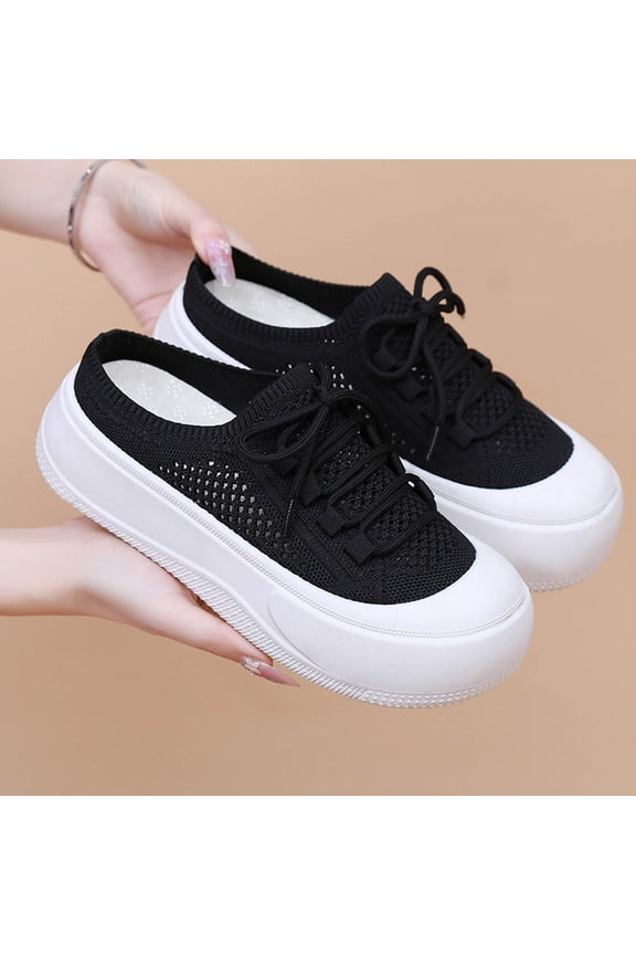 Women's Knit Mesh Slip-On Hollow Canvas Mules Slingback Lightweight Flat Mules Fashion Round Closed Toe Backless Soft Platform Non-Slip Casual Slides Sandals