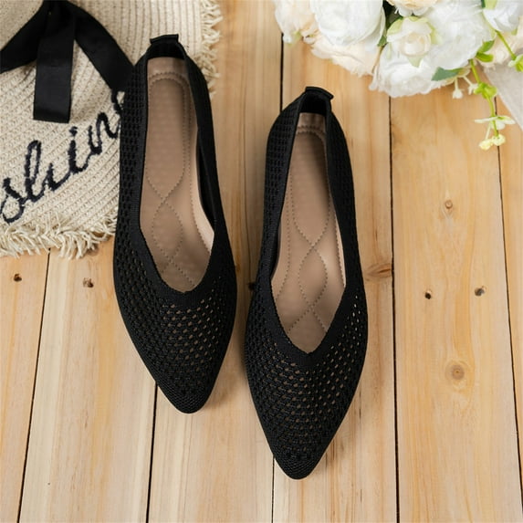 XIMIN Women's Knit Pointed Toe Low Chunky Heel Pumps Mesh Hollow Shallow Mouth Slip On Low Heel Ballet Shoes Breathable Casual Office Wedding Formal Dress Shoes (9.5, Black)