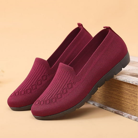 XIMIN Women's Knitted Flat Simple Solid Color Slip On Shoes Round Toe Lightweight Comfortable Loafers Footwear Casual Breathable Mesh Walking Shoes