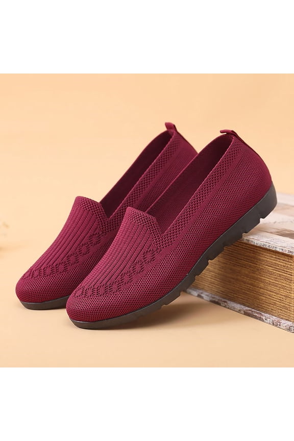 Women's Knitted Flat Simple Solid Color Slip On Shoes Round Toe Lightweight Comfortable Loafers Footwear Casual Breathable Mesh Walking Shoes