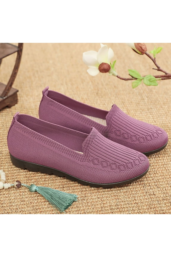 Women's Knitted Flat Simple Solid Color Slip On Shoes Round Toe Lightweight Comfortable Loafers Footwear Casual Breathable Mesh Walking Shoes