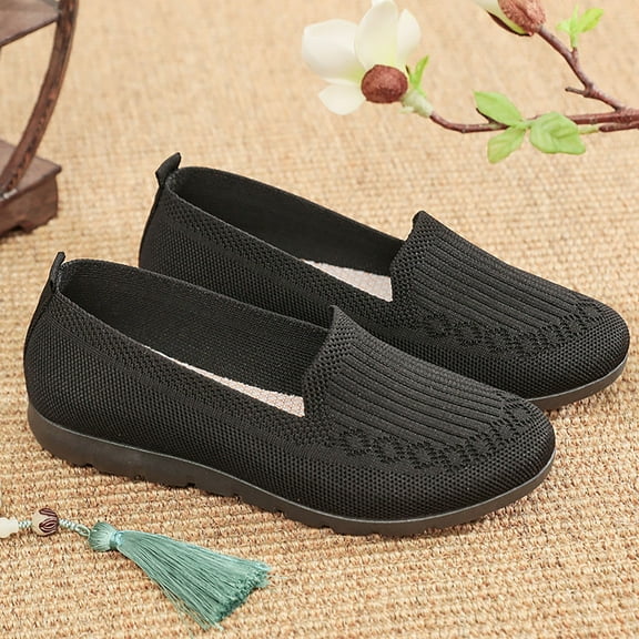 XIMIN Women's Knitted Flat Simple Solid Color Slip On Shoes Round Toe Lightweight Comfortable Loafers Footwear Casual Breathable Mesh Walking Shoes