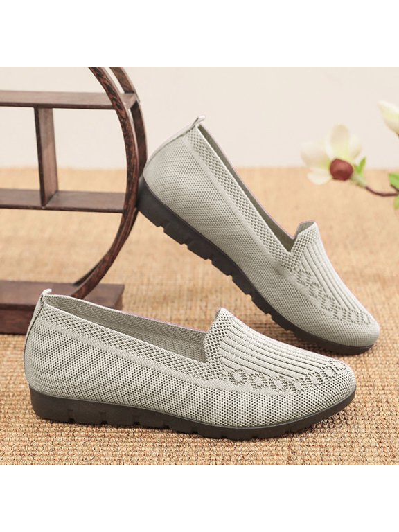 Women's Knitted Flat Simple Solid Color Slip On Shoes Round Toe Lightweight Comfortable Loafers Footwear Casual Breathable Mesh Walking Shoes