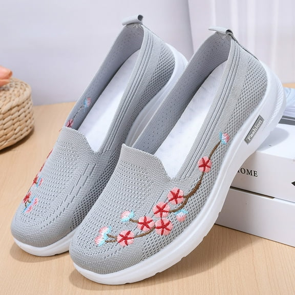 XIMIN Women's Knitted Mesh Flat Loafers Slip-On Embroidered Breathable Comfortable Low Top Sport Shoes Embroidery Cute Lightweight Casual Walking Shoes (36, Gray)