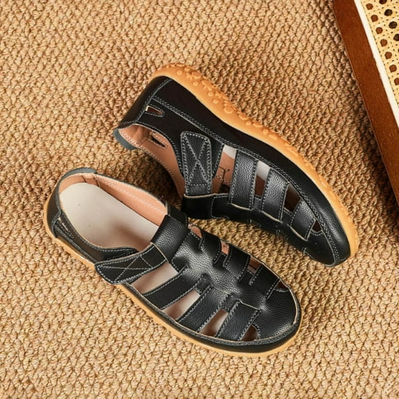 XIMIN Women's Leather Cutout Hook Loop Soft Sole Slip on Loafers with Arch Support Lightweight Breathable Outdoor Walking Shoes Fashion Casual Beach Daily Shoes (6.5, Black)
