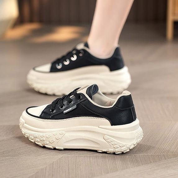 XIMIN Women's Leather Platform Increasing High Heel Leather Upper Sneakers Fashion Chunky Lace Up Sports Trainers High Top Casual Non-Slip Walking Wedge Sneakers