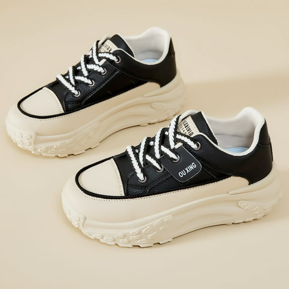 XIMIN Women's Leather Platform Increasing Thick Soled Sneakers Fashion Chunky Lace Up Low Top Sports Trainers Breathable Stylish Running Casual Non-Slip Walking Dad Shoes