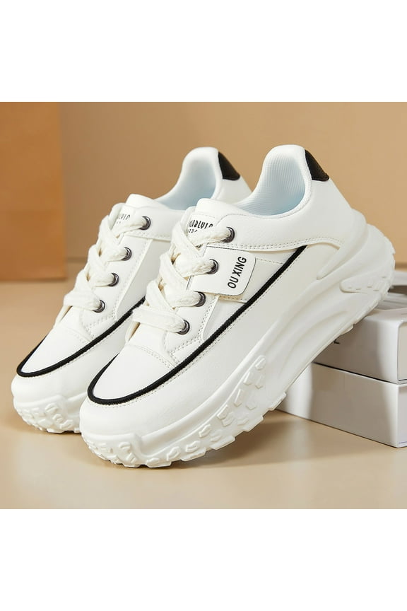 Women's Leather Platform Increasing Thick Soled Sneakers Fashion Chunky Lace Up Low Top Sports Trainers Breathable Stylish Running Casual Non-Slip Walking Dad Shoes