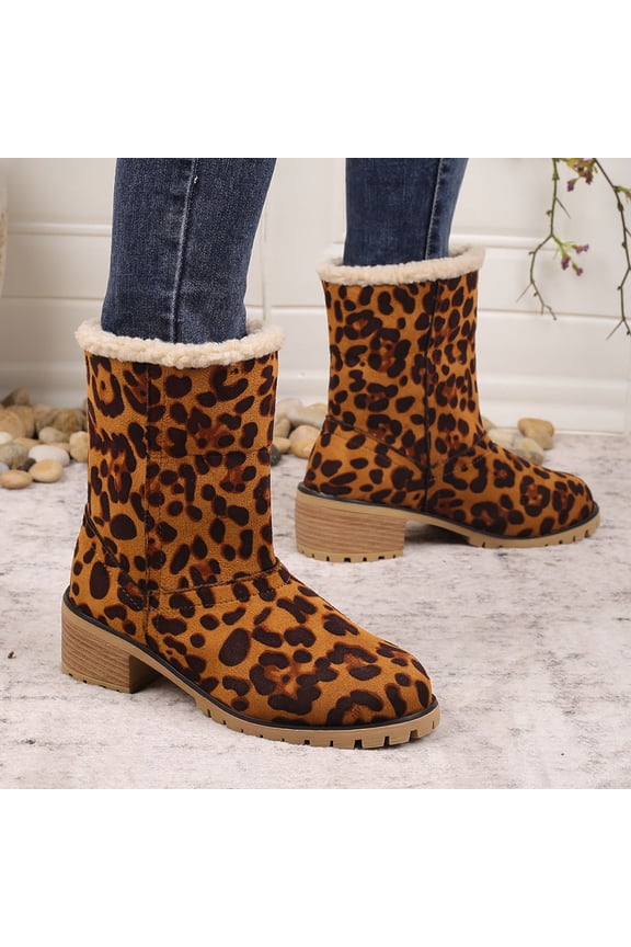 Women's Leopard Print Fur Snow Ankle Booties Comfortable Chunky Block Heels Slip On Fleece Lined Mid Calf Boots Casual Fashion Winter Outdoor Shoes