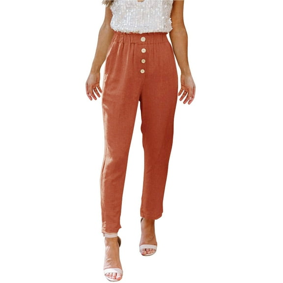 XIMIN Women's Lightweight Pants Female Cotton Casual Loose Pants Comfy Cropped Work Pants with Pockets Elastic High Waist Paper Bag Pants(Orange,S)