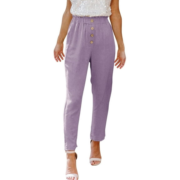 XIMIN Women's Lightweight Pants Female Cotton Casual Loose Pants Comfy Cropped Work Pants with Pockets Elastic High Waist Paper Bag Pants(Purple,S)
