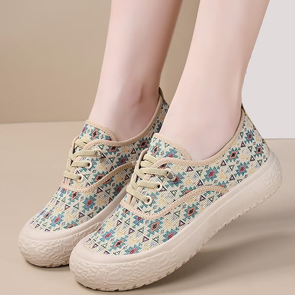 XIMIN Women's Linen Shoes Elegant Flat Heel Casual Footwear New Soft-Soled Lightweight Casual Canvas Lace-up Breathable One-Pedal Cloth Shoes