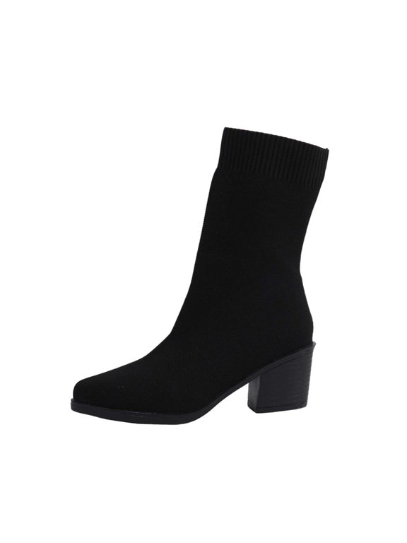 Women's Mesh High Heel Boots - Solid Color Fly Knit Mid Calf Boots with Breathable Upper for Fashion Daily Wear (Black, 6)