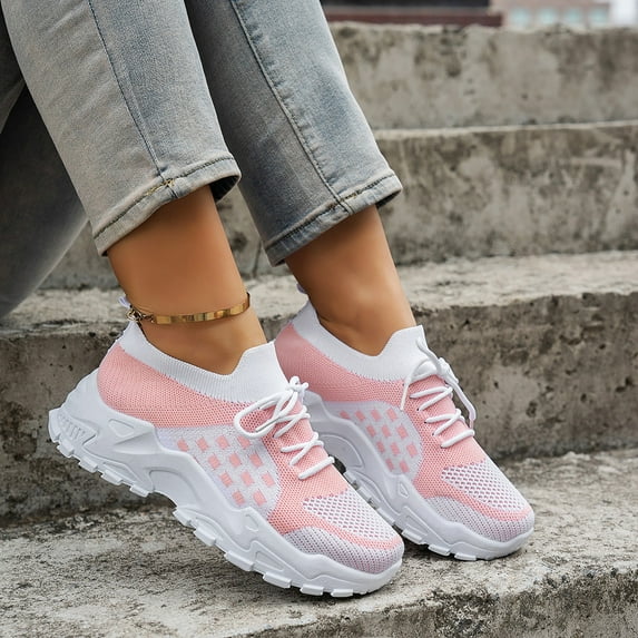 XIMIN Women's Mesh Retro Fashion Thick Sole Sneakers Knit Sneakers with Color Block Design Minimalist Breathable Soft Sole Comfortable Casual Walking Shoes