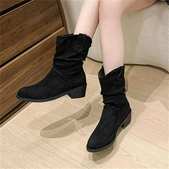 XIMIN Women's Mid Calf Boots Fashion Slouch Chunky Heel Side Zipper Retro Pointed Toe Ankle Booties Fur Lined Wide Width Riding Booties Dressy Casual Winter Boots