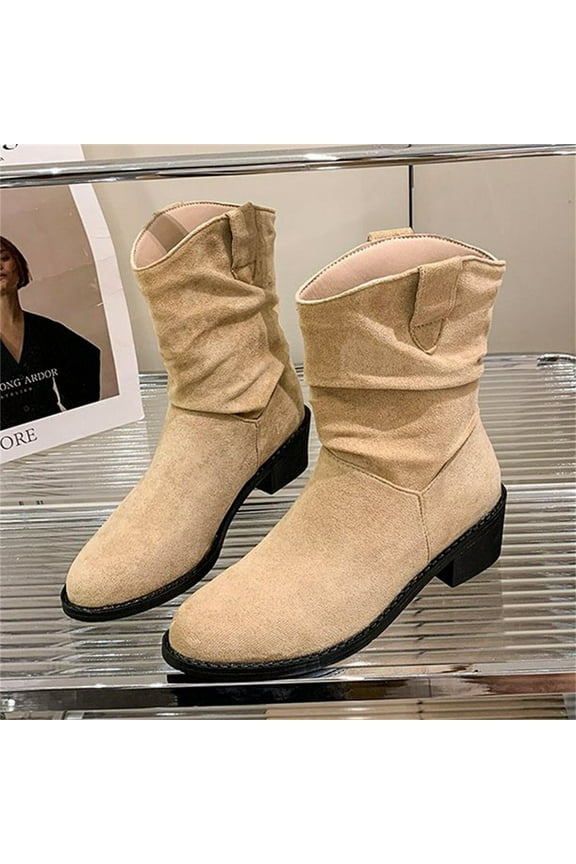 Women's Mid Calf Boots Fashion Slouch Chunky Heel Side Zipper Retro Pointed Toe Ankle Booties Fur Lined Wide Width Riding Booties Dressy Casual Winter Boots