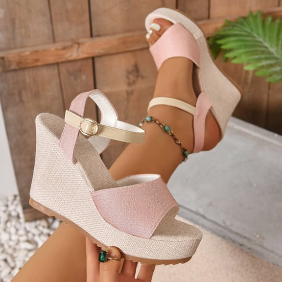 XIMIN Women's Open Toe Platform Wedge Heels Sandals Summer Buckle Ankle Strap Espadrilles Wedge Sandals with Breathable Knitted Textile Upper
