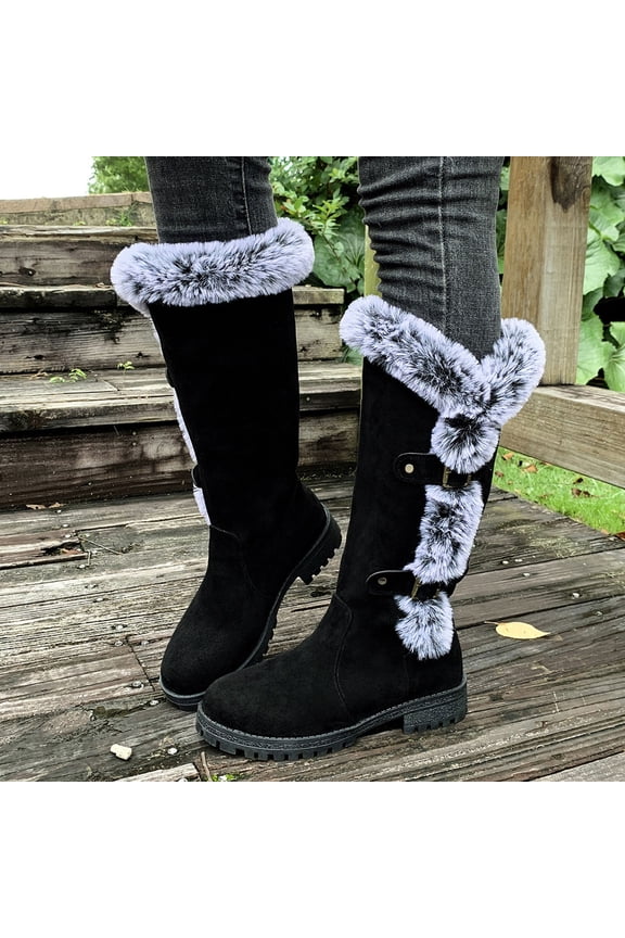 Women's Platform Snow Boots Hidden Wedge Boots Fully Fur Lined Boots Retro Knee High Boots with Double Buckle Non Slip Waterproof Winter Warm Walking Shoes