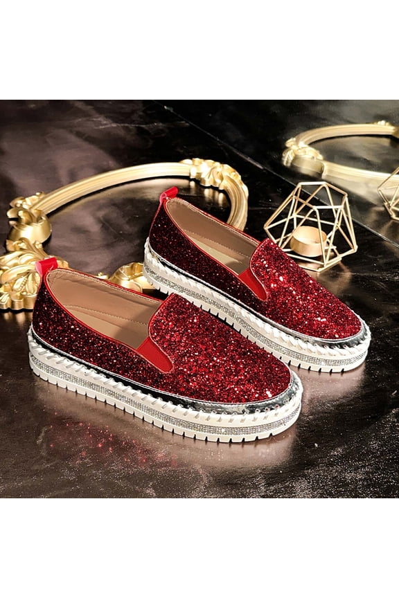 Women's Platform Walking Shoes Fashion Rhinestone Slip On Sneakers Bling Sequin Sneakers Casual Comfort Cute Bowknot Glitter Loafers