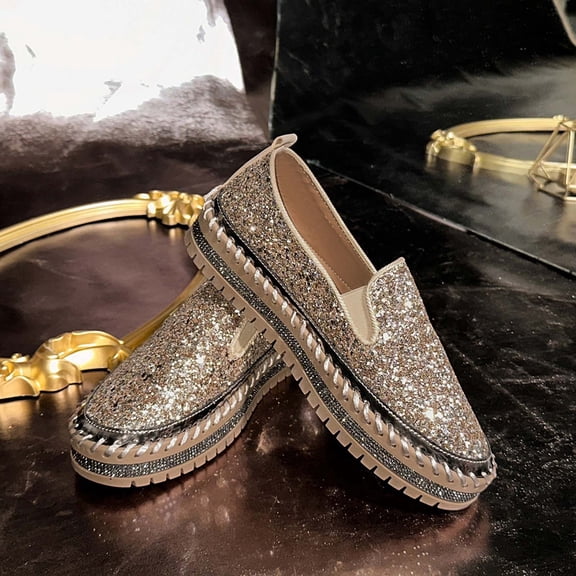 XIMIN Women's Platform Walking Shoes Fashion Rhinestone Slip On Sneakers Bling Sequin Sneakers Casual Comfort Cute Bowknot Glitter Loafers