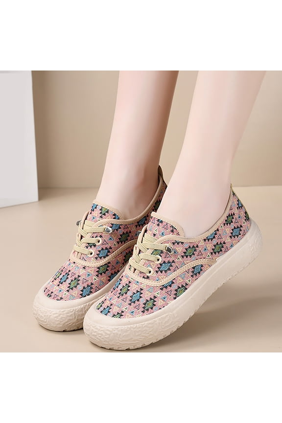 Women's Printed Wide Toe Box Shoes New Soft-Soled Lightweight Casual Canvas lace-up Breathable One-Pedal Cloth Shoes Fashion Sneakers