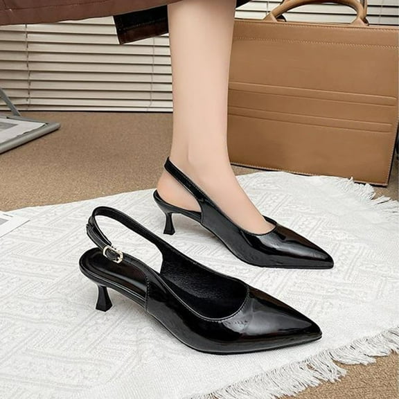 XIMIN Women's Pumps Slingback Heels Pointed Toe Sling Back Kitten Heels Fashion Low Heel Metallic Slingback Pumps Bride Dresses Wedding Shoes Casual (7.5, Black)
