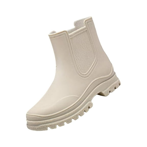 XIMIN Women's Rain Boots Elastic Adult Ankle Booties Mid Heel Boots Waterproof Non-Slip Chunky Platform Lug Sole Short Comfortable Fashion Garden Boots (36, White)