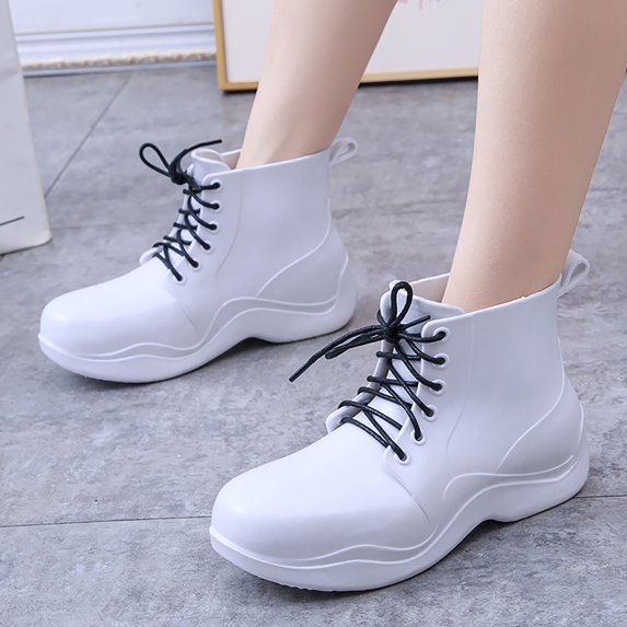 XIMIN Women's Rain Boots Solid Color Round Toe Heel Platform Ankle Boots Fashion Cross Lace Up Block Thick Heel Booties Casual Comfortable Ladies Outdoor Shoes