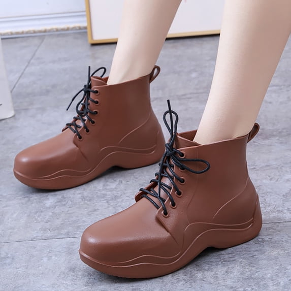 XIMIN Women's Rain Boots Solid Color Round Toe Heel Platform Ankle Boots Fashion Cross Lace Up Block Thick Heel Booties Casual Comfortable Ladies Outdoor Shoes