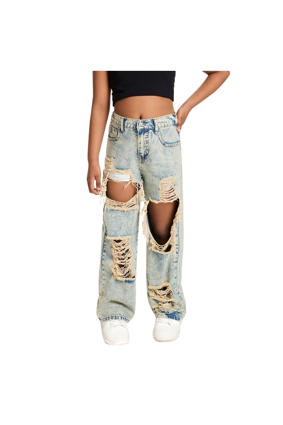 Women's Raw Edge Ripped Applique Jeans with Pockets Sexy Low Rise Loose Fashion Wide Leg Lightweight High Waist Baggy Wide Straight Leg Denim Pants