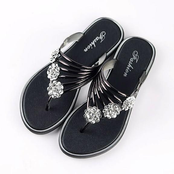 XIMIN Women's Rhinestone Rose Open Toe Flip Flops Summer Fashion Slippers New Sandals Comfortable Non-Slip Flat Slippers Dressy Thong Sandal (6.5, Black)
