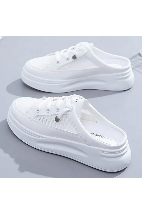 Women's Slip On Platform Backless Sneakers Wedge Slide Wide Platform Canvas Mules Soft Sole Comfortable Lightweight Lace Up Breathable Round Toe Mesh Shoes