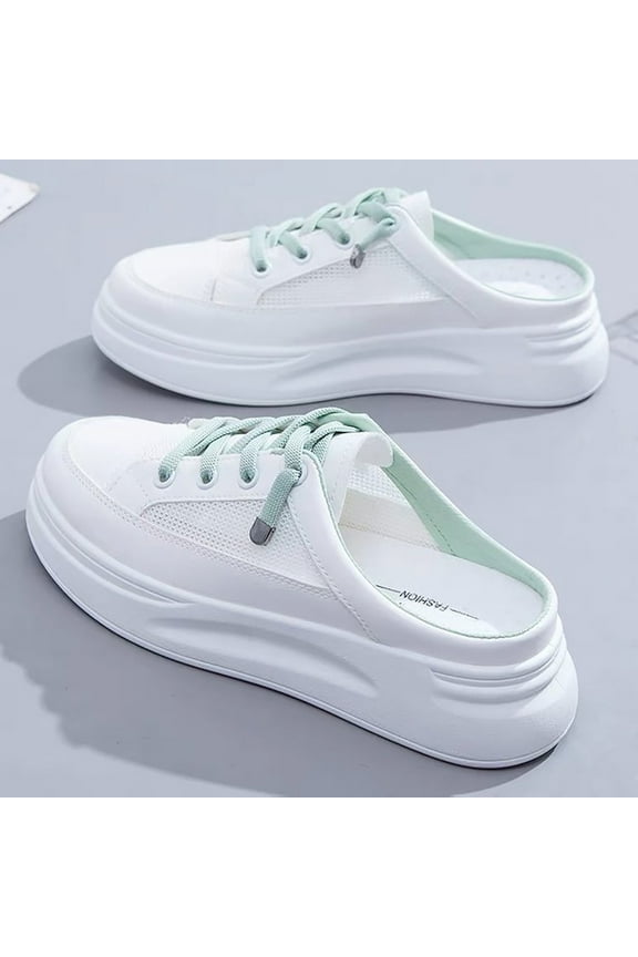 Women's Slip On Platform Backless Sneakers Wedge Slide Wide Platform Canvas Mules Soft Sole Comfortable Lightweight Lace Up Breathable Round Toe Mesh Shoes