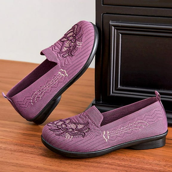 XIMIN Women's Slip On Shoes Embroidery Low Heel Comfortable Breathable Walking Daily Casual Women Wedges Low Heel Spring Summer Fall Footwear (35, Purple)