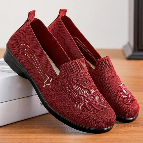 XIMIN Women's Slip On Shoes Embroidery Low Heel Comfortable Breathable Walking Daily Casual Women Wedges Low Heel Spring Summer Fall Footwear (35, Red)