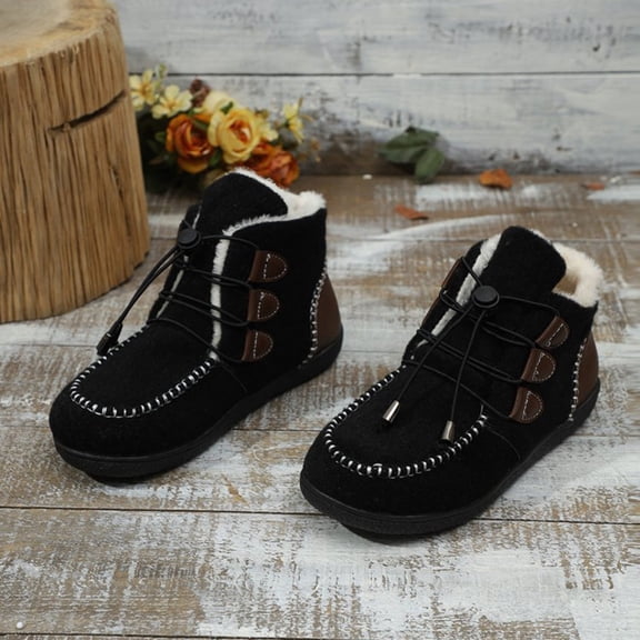 XIMIN Women's Slip on Short Boots Plush Lining Flat-Bottom Walking Comfy Ankle Boots Round Toe Drawstring Lace-Up Booties Non-Slip Outdoor Warm Snow Boots