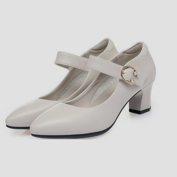 XIMIN Women's Soft Sole Low Block Heel Mary Jane Pumps Buckle Closed Pointed Toe Dress Pumps Work Shoes Office Shoes Spring and Autumn (6.5, White)