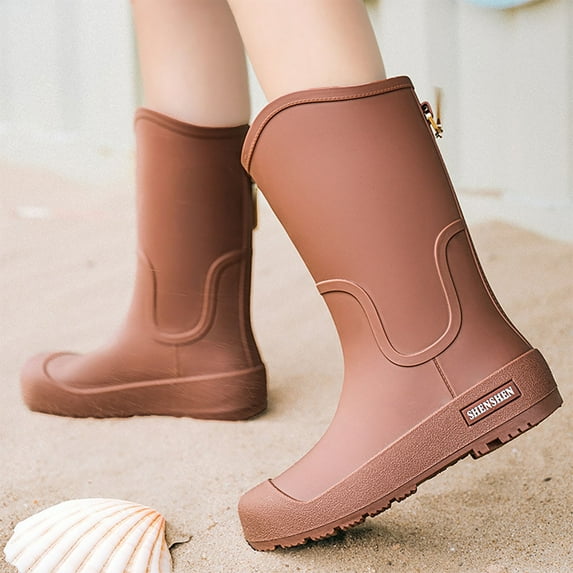 XIMIN Women's Solid Color Rain Boots Mid-Calf Platform Heel Shoes for Daily Wear Comfortable Slip Long Boots Comfortable Fashionable Durable Footwear