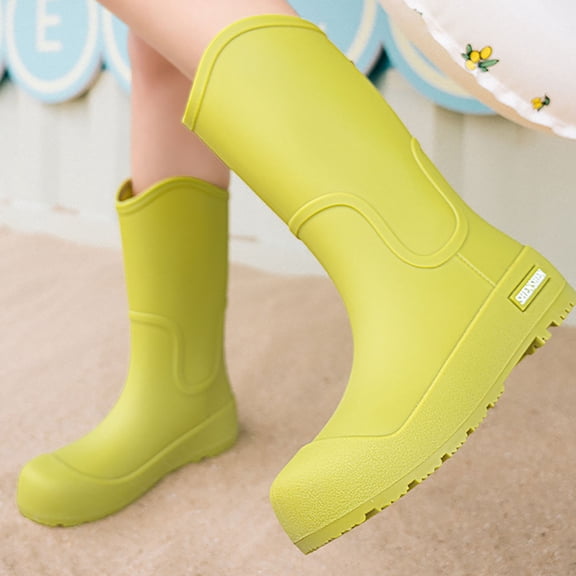 XIMIN Women's Solid Color Rain Boots Mid-Calf Platform Heel Shoes for Daily Wear Comfortable Slip Long Boots Comfortable Fashionable Durable Footwear