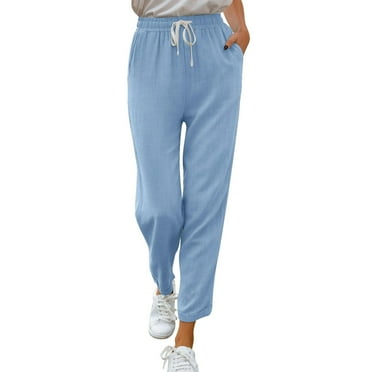 XIMIN Women's Solid Color Trousers Solid Straight Pants Waist and Long Women Casual Elastic Drawstring Cotton Pants Elastic Waist Trousers (Blue,L)