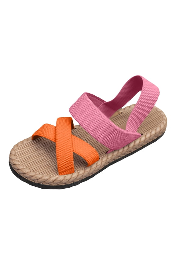 Women's Straw Weaving Flat Sandals - Two Strap Open Toe Non Slip Soft Slide Sandals for Casual Summer Walking Wear (Red, 6)