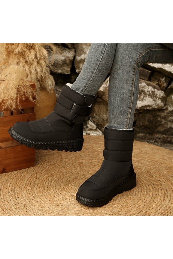 Women's Thermal Fleece Lining Anti Skid Mid Calf Boots Waterproof Cloth Warm Snow Boots Round Toe Plush Lining Slip-On Waterproof Winter Boots with Hook And Loop