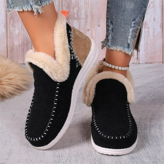 XIMIN Women's Thick Sole Flat Fluffy Faux Fur Lining Anti-Slip Slip on Loafer Snow Boots Winter Warm Casual Outdoor Activities Plush Short Booties