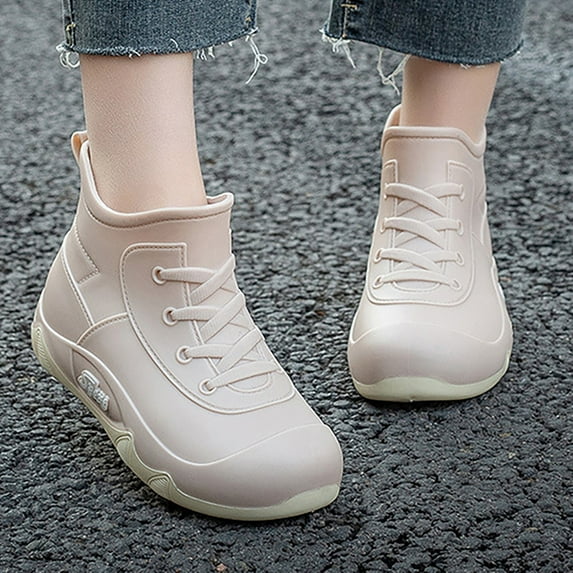 XIMIN Women's Waterproof and Wear-Resistant Rubber Ankle Rain Boots Lace Up Platform Wedge Heel Round Toe Solid Color Non-Slip Outdoor Garden Work Rain Boots