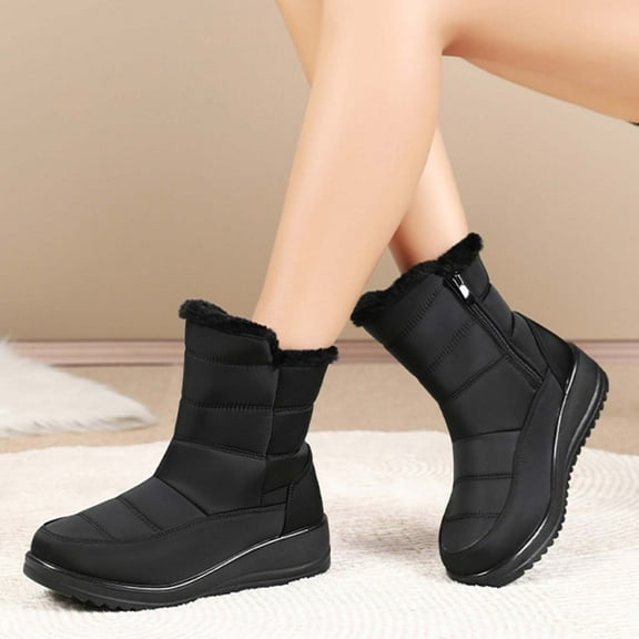 XIMIN Women's Winter Warm Non-Slip Fur Lined Snow Boots Comfortable Outdoor Slip-On Wedge Waterproof Ankle Boots for Walking Vacation and Cold Weather