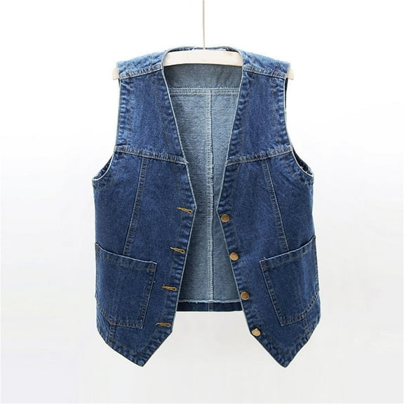 XIMIN Womens Casual Jean Vest Short Slim Sleeveless V Neck Open Front Waistcoat Jacket Western Cowboy Retro Button Down Denim Jacket with Pockets