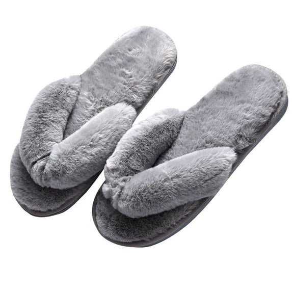 XIMIN Womens Faux Fur Slippers Slip On Spa Thong Flat Slippers Warm Fuzzy Memory Foam Flip Flop House Slippers Soft Comfy Open Toe Indoor Home Slippers