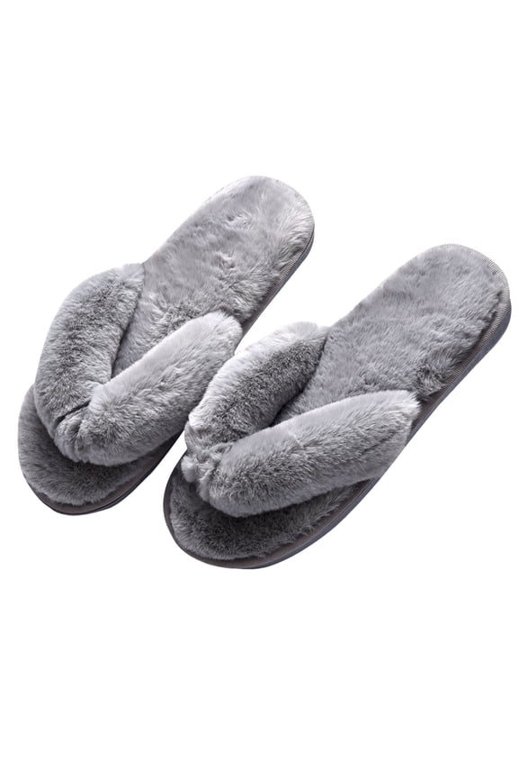 Womens Faux Fur Slippers Slip On Spa Thong Flat Slippers Warm Fuzzy Memory Foam Flip Flop House Slippers Soft Comfy Open Toe Indoor Home Slippers