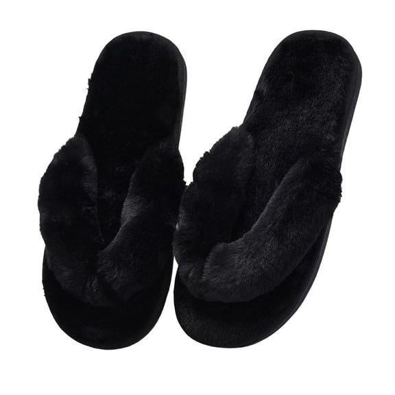 XIMIN Womens Faux Fur Slippers Slip On Spa Thong Flat Slippers Warm Fuzzy Memory Foam Flip Flop House Slippers Soft Comfy Open Toe Indoor Home Slippers